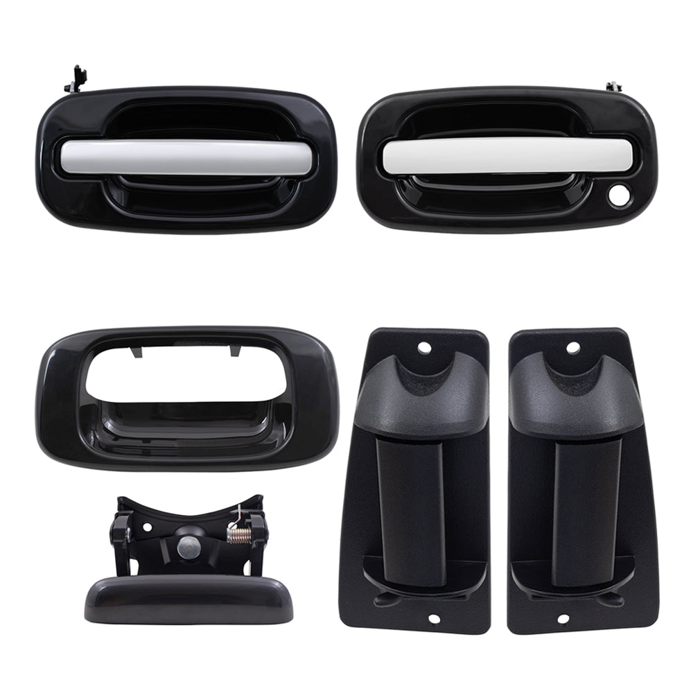 Brock Replacement Front and Rear Outside Door Handles, Tailgate Handle and Tailgate Handle Bezel 6 Piece Set Compatible with 1999-2007 Silverado & 1999-2007 Sierra Extended Cab ONLY