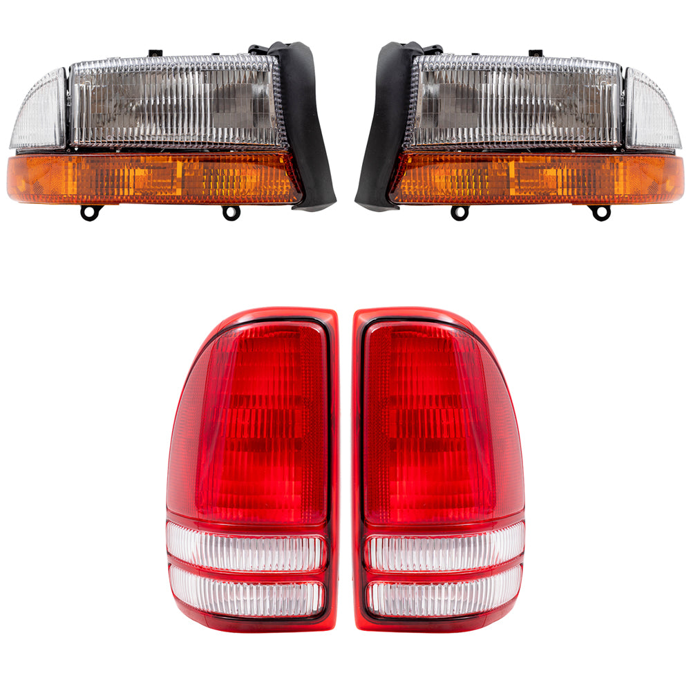 Brock Replacement Headlights w/ Park Signal Lamps and Tail Lights Set Compatible with 1998-2004 Dakota