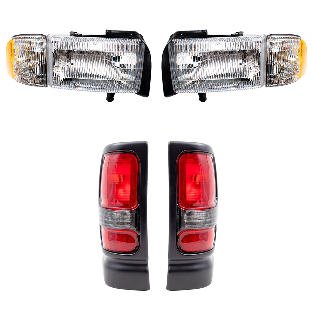 Brock Replacement Set Headlights with Corner Lamp and Tail Lights Smoked Back Up Lens Compatible with 1994-2001 Pickup Truck