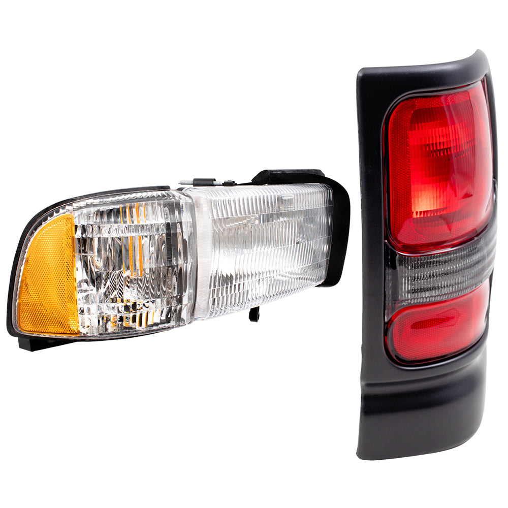 Brock Replacement Set Headlights with Corner Lamp and Tail Lights Smoked Back Up Lens Compatible with 1994-2001 Pickup Truck