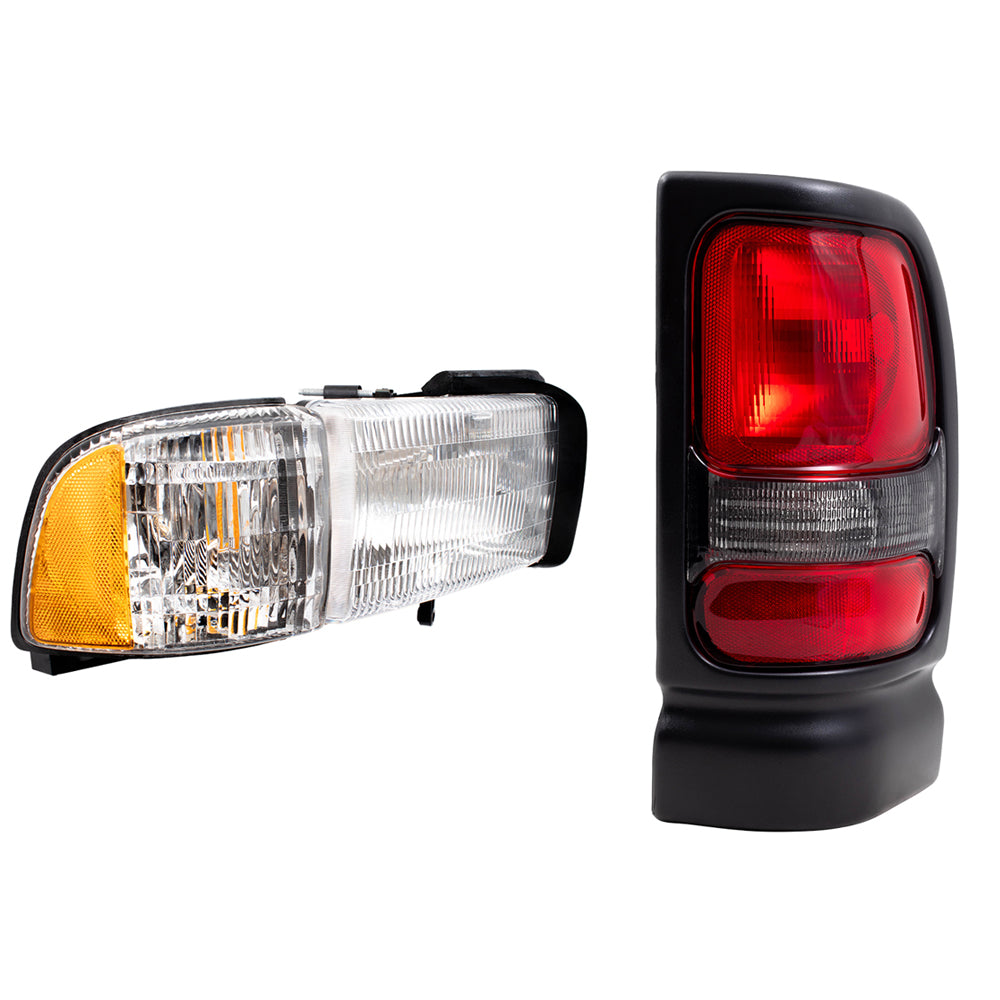 Brock Replacement Set Headlights with Corner Lamp and Tail Lights Smoked Back Up Lens Compatible with 1994-2001 Pickup Truck