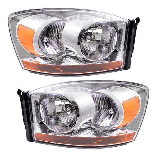 Brock Replacement Set Driver and Passenger Headlights with Chrome Bezel Compatible with 2006 1500 2500 3500 Pickup Truck