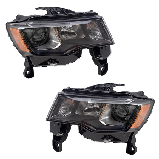 Brock Replacement Set Driver and Passenger Halogen Headlights with Black Bezel Compatible with 2017-2021 Jeep Grand Cherokee