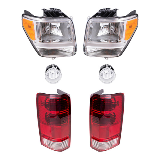 Brock Replacement Driver and Passenger Side Halogen Combination Headlight Assemblies, Fog Light Units, and Tail Light Assemblies 6 Piece Set Compatible with 2011 Nitro