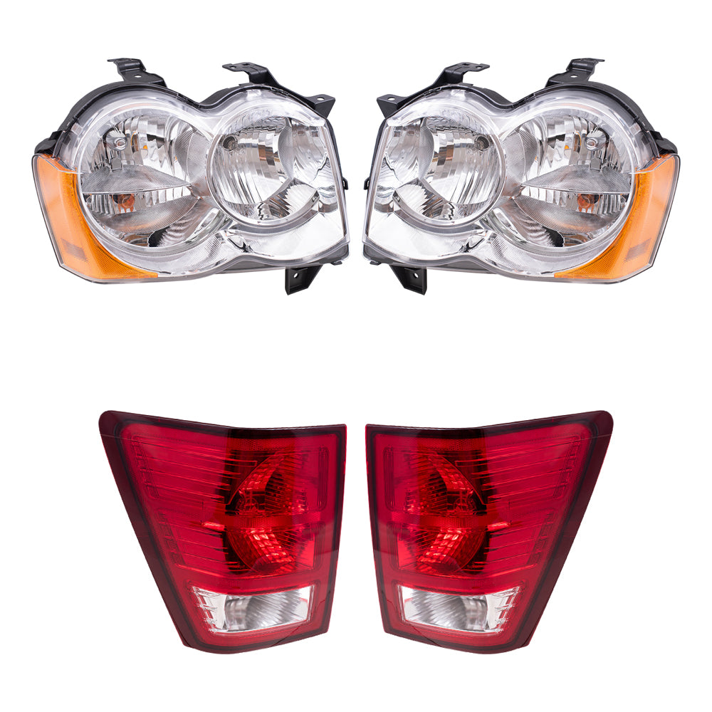 Brock Replacement Driver and Passenger Side Halogen Combination Headlight Assemblies and Tail Light Assemblies 4 Piece Set Compatible with 2008-2010 Grand Cherokee
