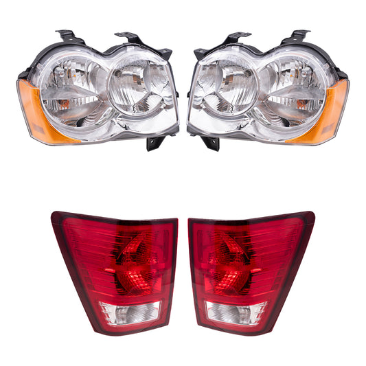 Brock Replacement Driver and Passenger Side Halogen Combination Headlight Assemblies and Tail Light Assemblies 4 Piece Set Compatible with 2008-2010 Grand Cherokee