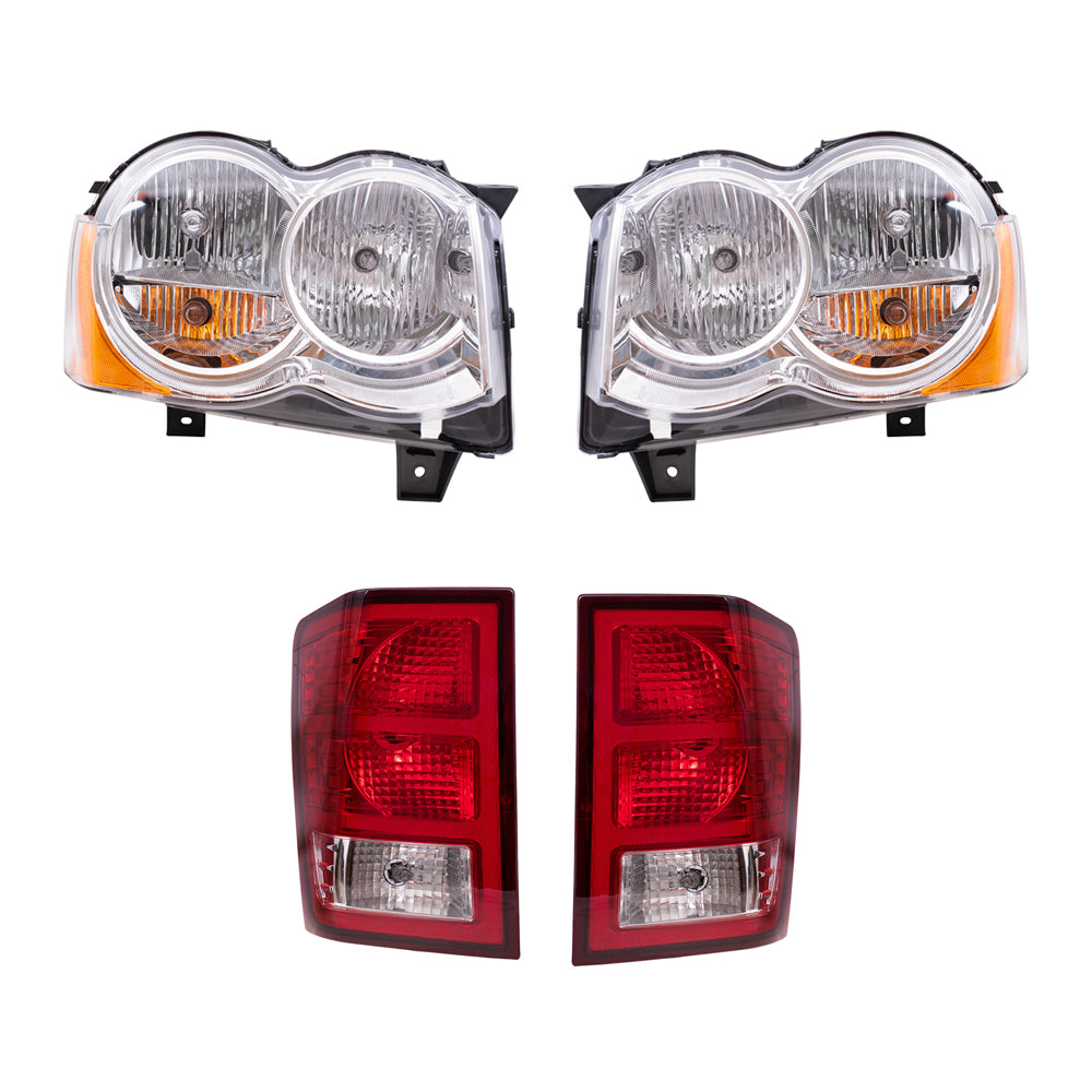 Brock Replacement Driver and Passenger Side Halogen Combination Headlight Assemblies and Tail Light Assemblies 4 Piece Set Compatible with 2008-2010 Grand Cherokee