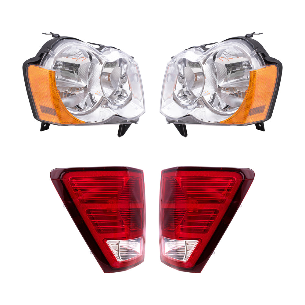 Brock Replacement Driver and Passenger Side Halogen Combination Headlight Assemblies and Tail Light Assemblies 4 Piece Set Compatible with 2008-2010 Grand Cherokee
