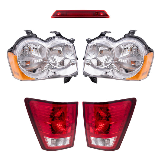 Brock Replacement Driver and Passenger Side Halogen Combination Headlight Assemblies & Tail Light Assemblies, and 3rd Brake Light 5 Piece Set Compatible with 2008-2010 Grand Cherokee