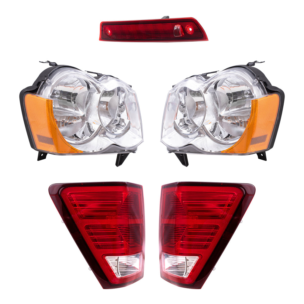 Brock Replacement Driver and Passenger Side Halogen Combination Headlight Assemblies & Tail Light Assemblies, and 3rd Brake Light 5 Piece Set Compatible with 2008-2010 Grand Cherokee