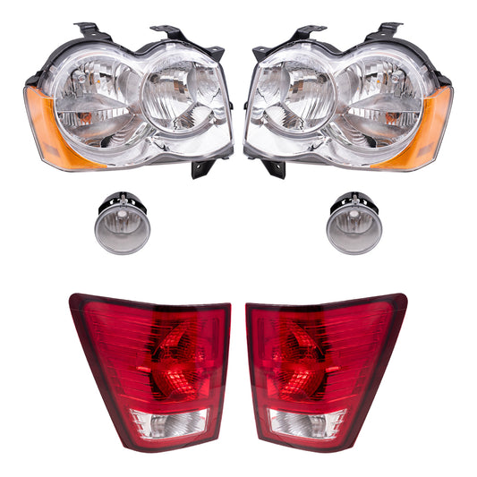 Brock Replacement Driver and Passenger Side Halogen Combination Headlight Assemblies, Fog Light Assemblies and Tail Light Assemblies 6 Piece Set Compatible with 2008-2010 Grand Cherokee