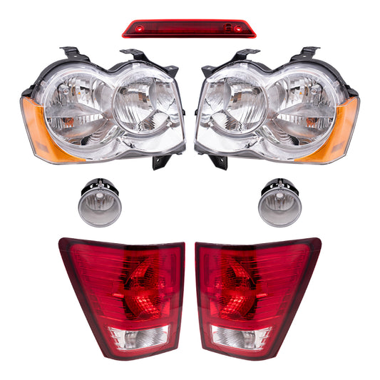 Brock Replacement Driver and Passenger Side Halogen Combination Headlights, Fog Lights & Tail Lights, and 3rd Brake Light 7 Piece Set Compatible with 2008-2010 Grand Cherokee