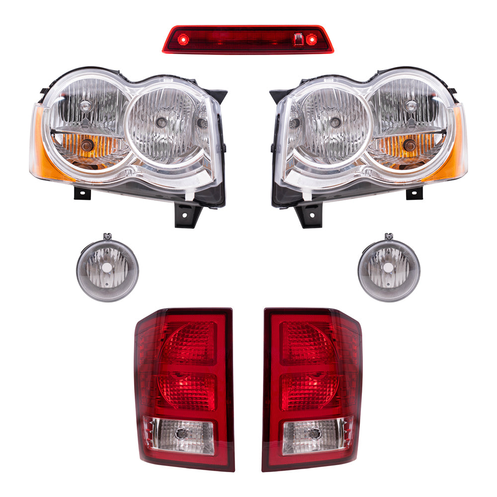 Brock Replacement Driver and Passenger Side Halogen Combination Headlights, Fog Lights & Tail Lights, and 3rd Brake Light 7 Piece Set Compatible with 2008-2010 Grand Cherokee