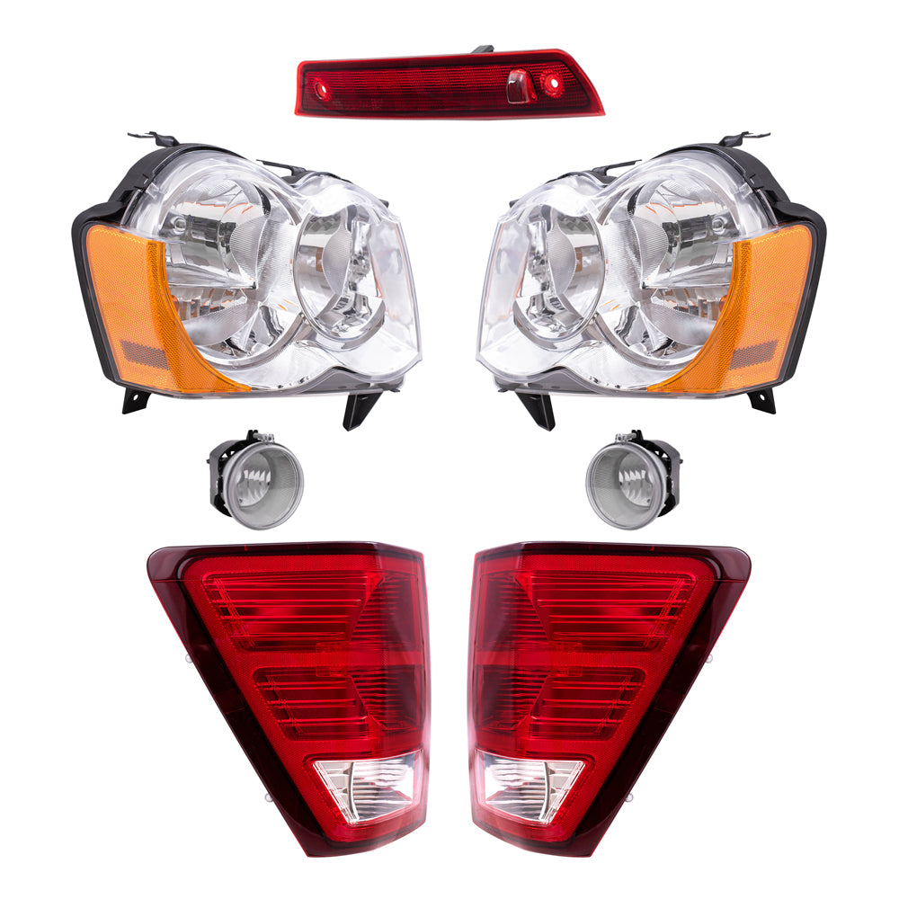 Brock Replacement Driver and Passenger Side Halogen Combination Headlights, Fog Lights & Tail Lights, and 3rd Brake Light 7 Piece Set Compatible with 2008-2010 Grand Cherokee