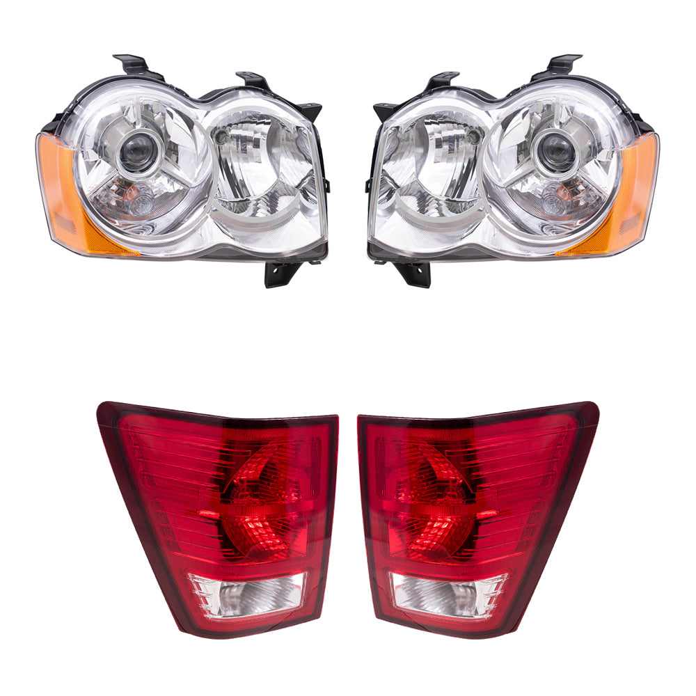 Brock Replacement Driver and Passenger Side HID Combination Headlight Assemblies and Tail Light Assemblies 4 Piece Set Compatible with 2008-2010 Grand Cherokee