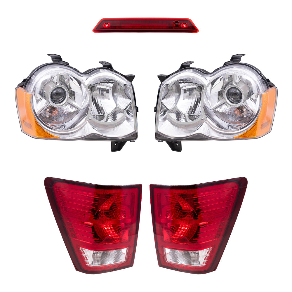 Brock Replacement Driver and Passenger Side HID Combination Headlight Assemblies, Tail Light Assemblies and 3rd Brake Light 5 Piece Set Compatible with 2008-2010 Grand Cherokee