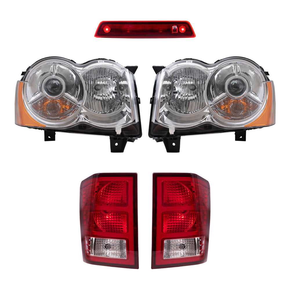 Brock Replacement Driver and Passenger Side HID Combination Headlight Assemblies, Tail Light Assemblies and 3rd Brake Light 5 Piece Set Compatible with 2008-2010 Grand Cherokee