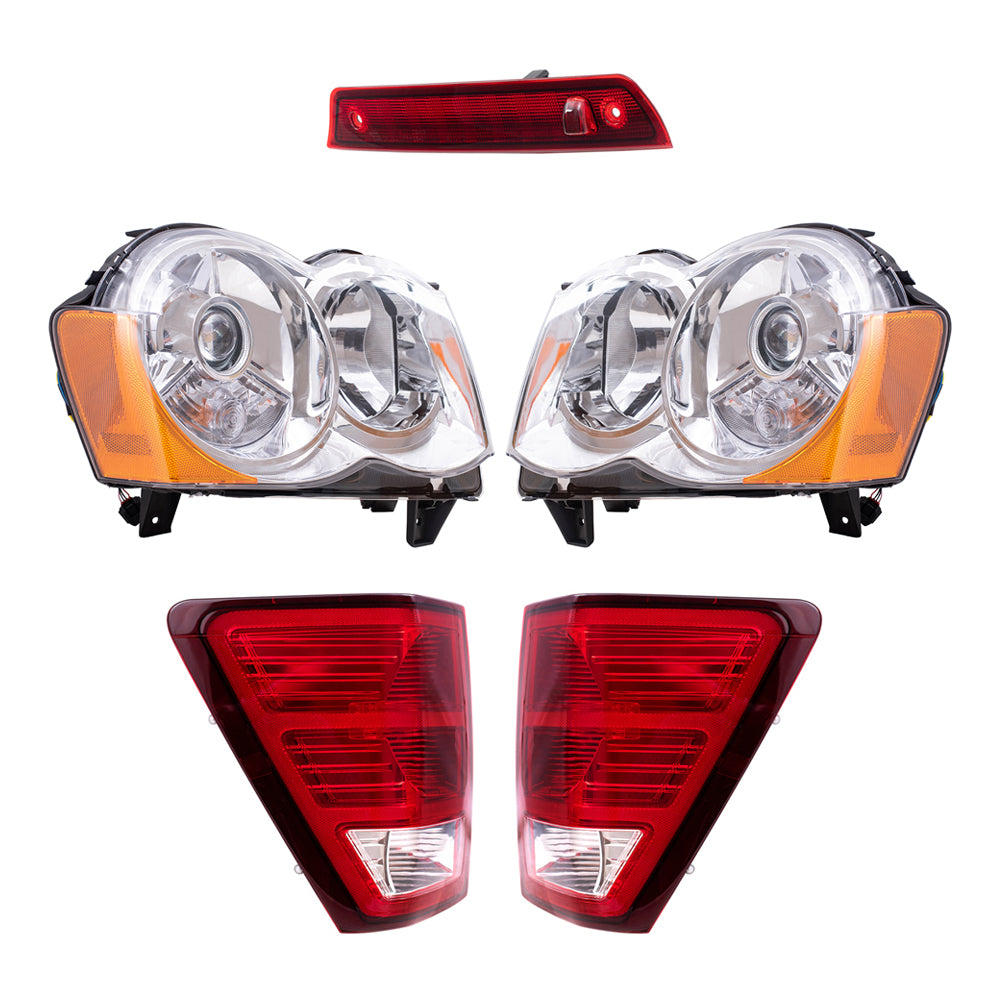 Brock Replacement Driver and Passenger Side HID Combination Headlight Assemblies, Tail Light Assemblies and 3rd Brake Light 5 Piece Set Compatible with 2008-2010 Grand Cherokee