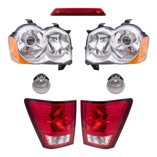 Brock Replacement Driver and Passenger Side HID Combination Headlights, Fog Lights, Tail Lights and 3rd Brake Light 7 Piece Set Compatible with 2008-2010 Grand Cherokee