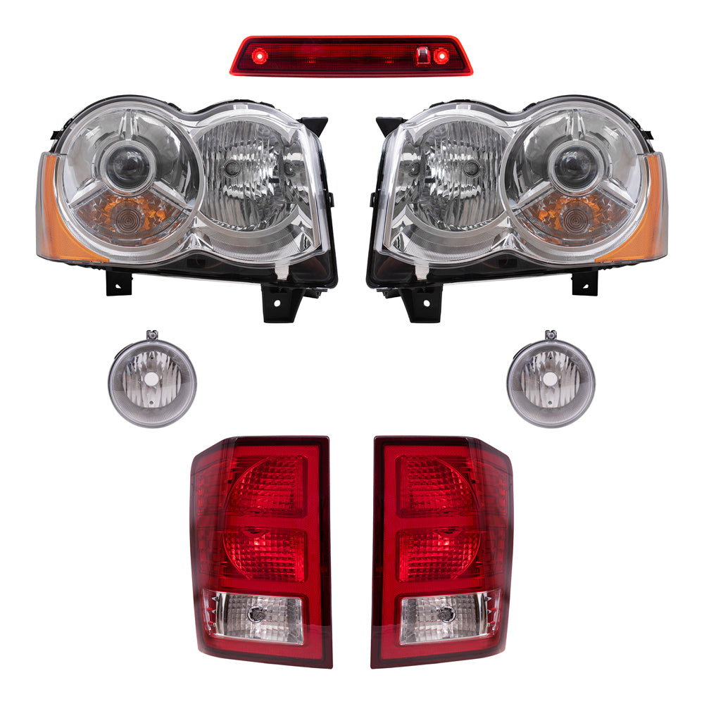 Brock Replacement Driver and Passenger Side HID Combination Headlights, Fog Lights, Tail Lights and 3rd Brake Light 7 Piece Set Compatible with 2008-2010 Grand Cherokee