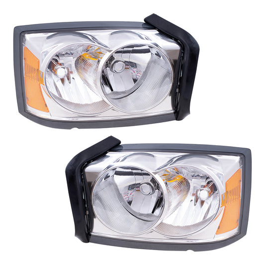 Brock Replacement Set Driver and Passenger Headlights with Chrome Bezel Compatible with 2005 Dakota Pickup Truck with Outer Bulb Diffuser