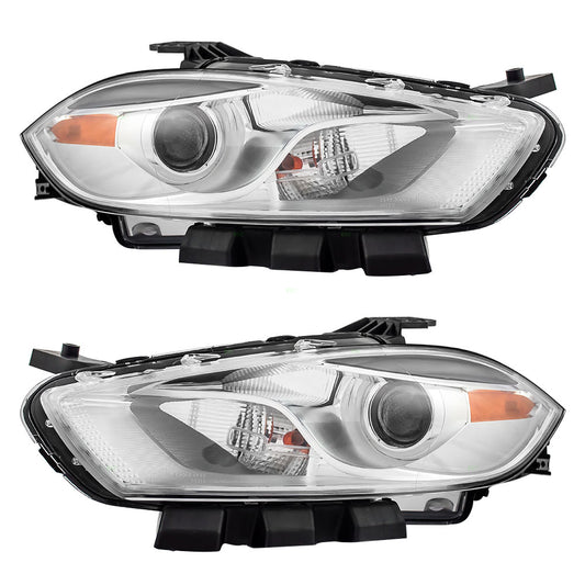 Brock Replacement Set Driver and Passenger Halogen Headlights with Chrome Trim Compatible with 2013-2015 Dart 68081389AH 68081388AH
