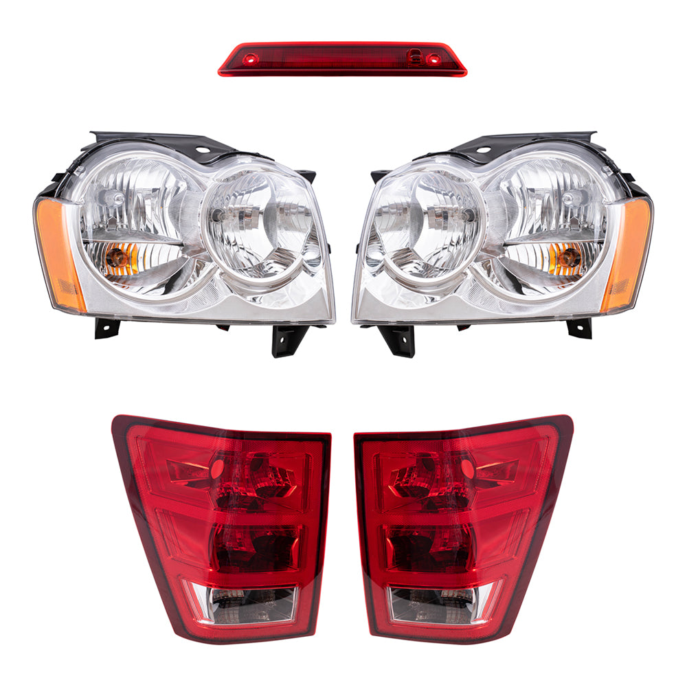 Brock Replacement Driver and Passenger Side Halogen Combination Headlight Assemblies, Tail Light Units & 3rd Brake Light 5 Piece Set Compatible with 2005-2006 Grand Cherokee