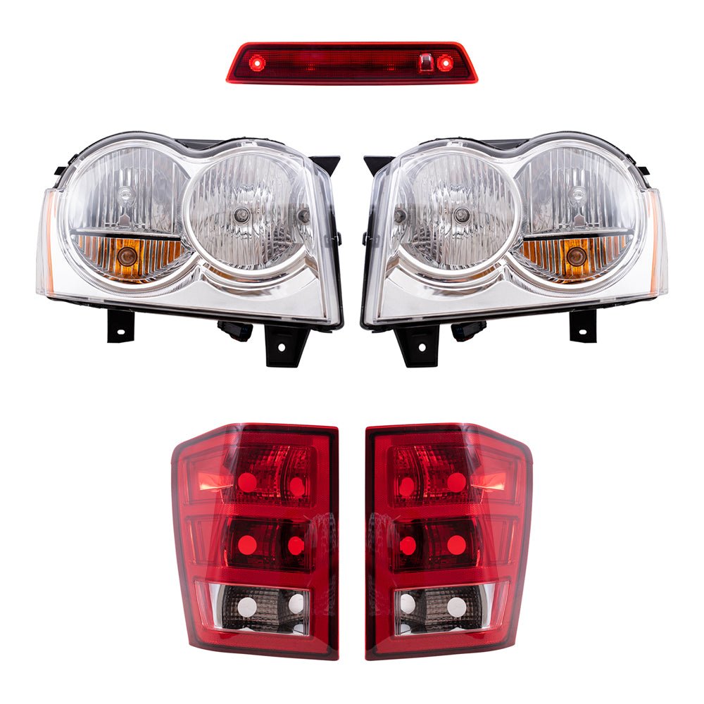 Brock Replacement Driver and Passenger Side Halogen Combination Headlight Assemblies, Tail Light Units & 3rd Brake Light 5 Piece Set Compatible with 2005-2006 Grand Cherokee