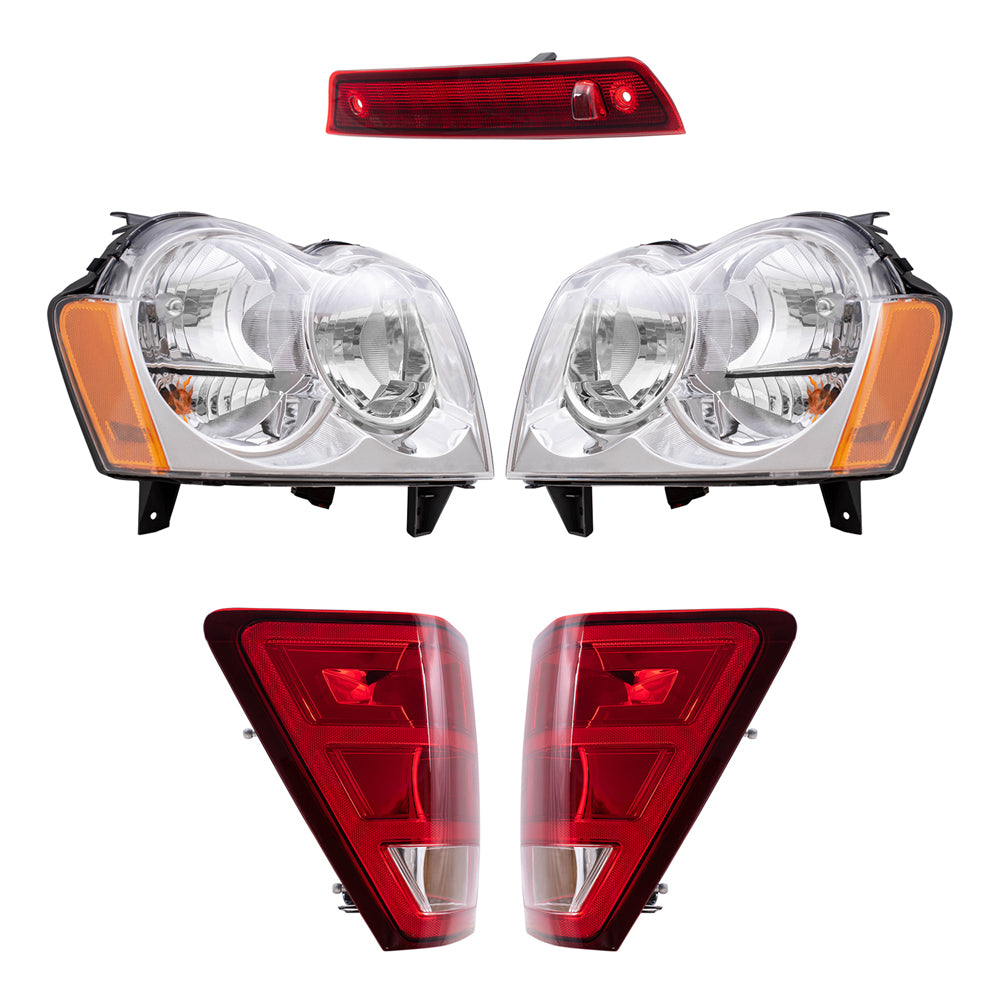 Brock Replacement Driver and Passenger Side Halogen Combination Headlight Assemblies, Tail Light Units & 3rd Brake Light 5 Piece Set Compatible with 2005-2006 Grand Cherokee