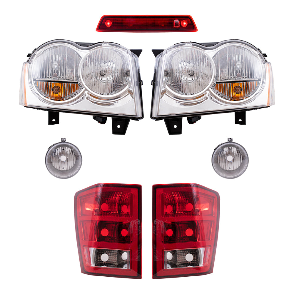 Brock Replacement Driver and Passenger Side Halogen Combination Headlight Assemblies, Fog Light Assemblies, Tail Light Units and 3rd Brake Light 7 Piece Set Compatible with 2005-2006 Grand Cherokee