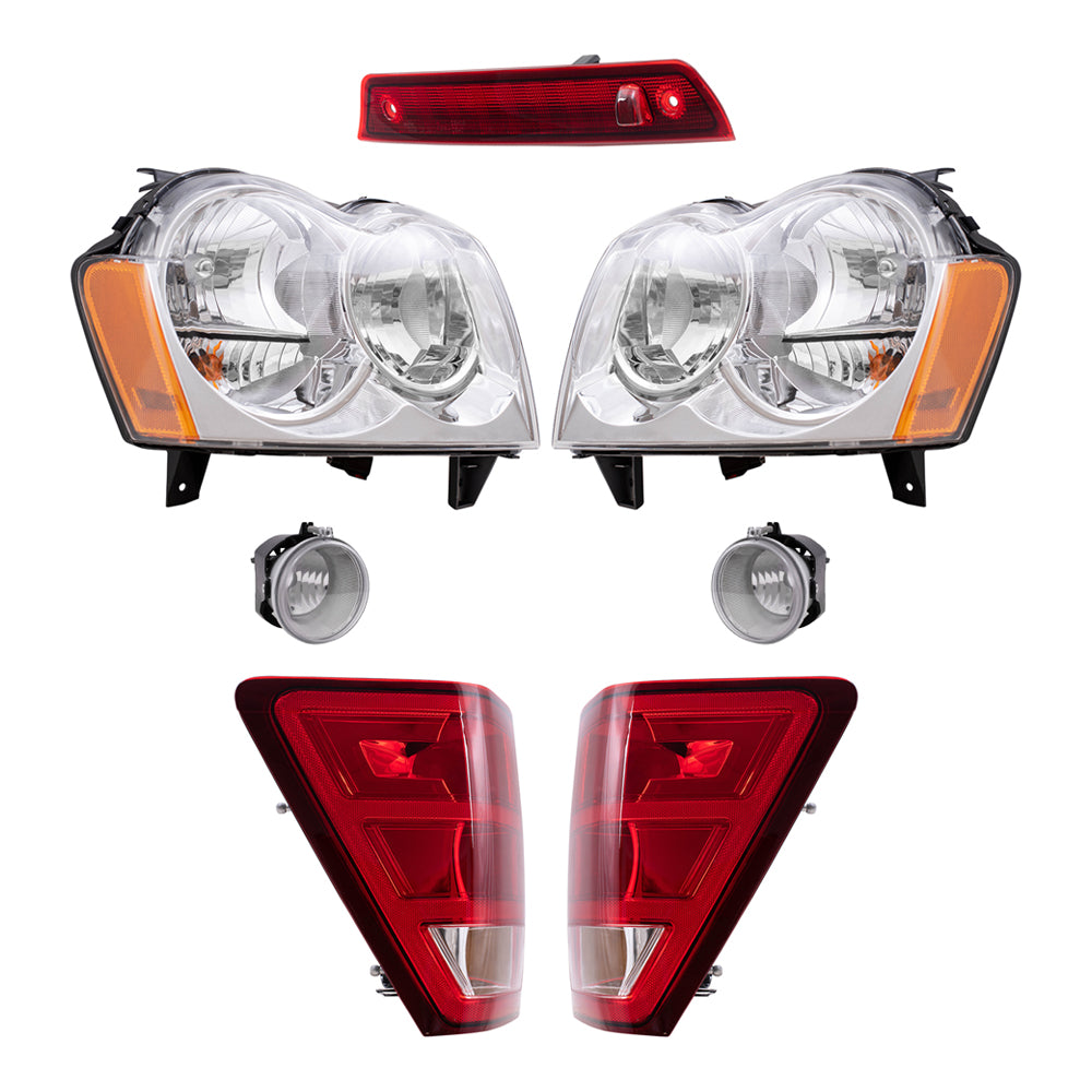 Brock Replacement Driver and Passenger Side Halogen Combination Headlight Assemblies, Fog Light Assemblies, Tail Light Units and 3rd Brake Light 7 Piece Set Compatible with 2005-2006 Grand Cherokee