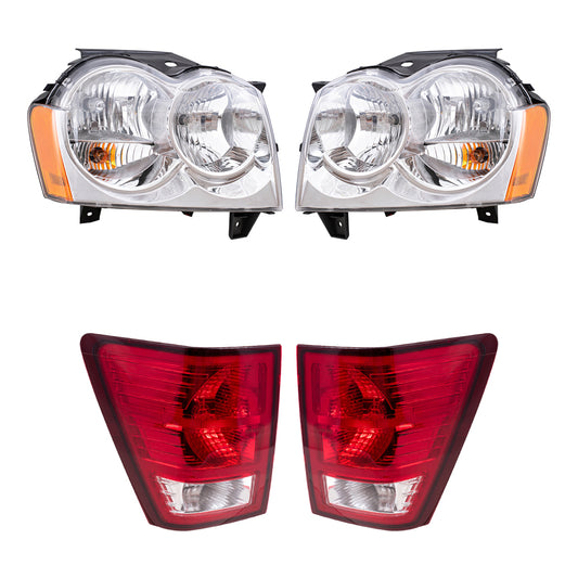 Brock Replacement Driver and Passenger Side Halogen Combination Headlight Assemblies and Tail Light Assemblies 4 Piece Set Compatible with 2007 Grand Cherokee