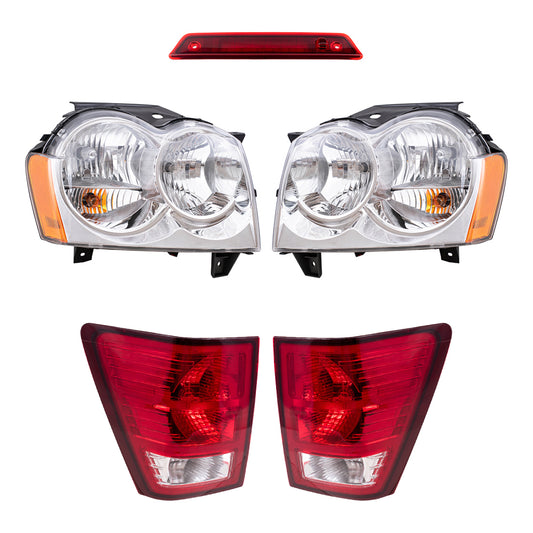 Brock Replacement Driver and Passenger Side Halogen Combination Headlight Assemblies & Tail Light Assemblies, and 3rd Brake Light 5 Piece Set Compatible with 2007 Grand Cherokee