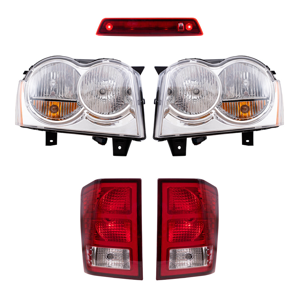 Brock Replacement Driver and Passenger Side Halogen Combination Headlight Assemblies & Tail Light Assemblies, and 3rd Brake Light 5 Piece Set Compatible with 2007 Grand Cherokee
