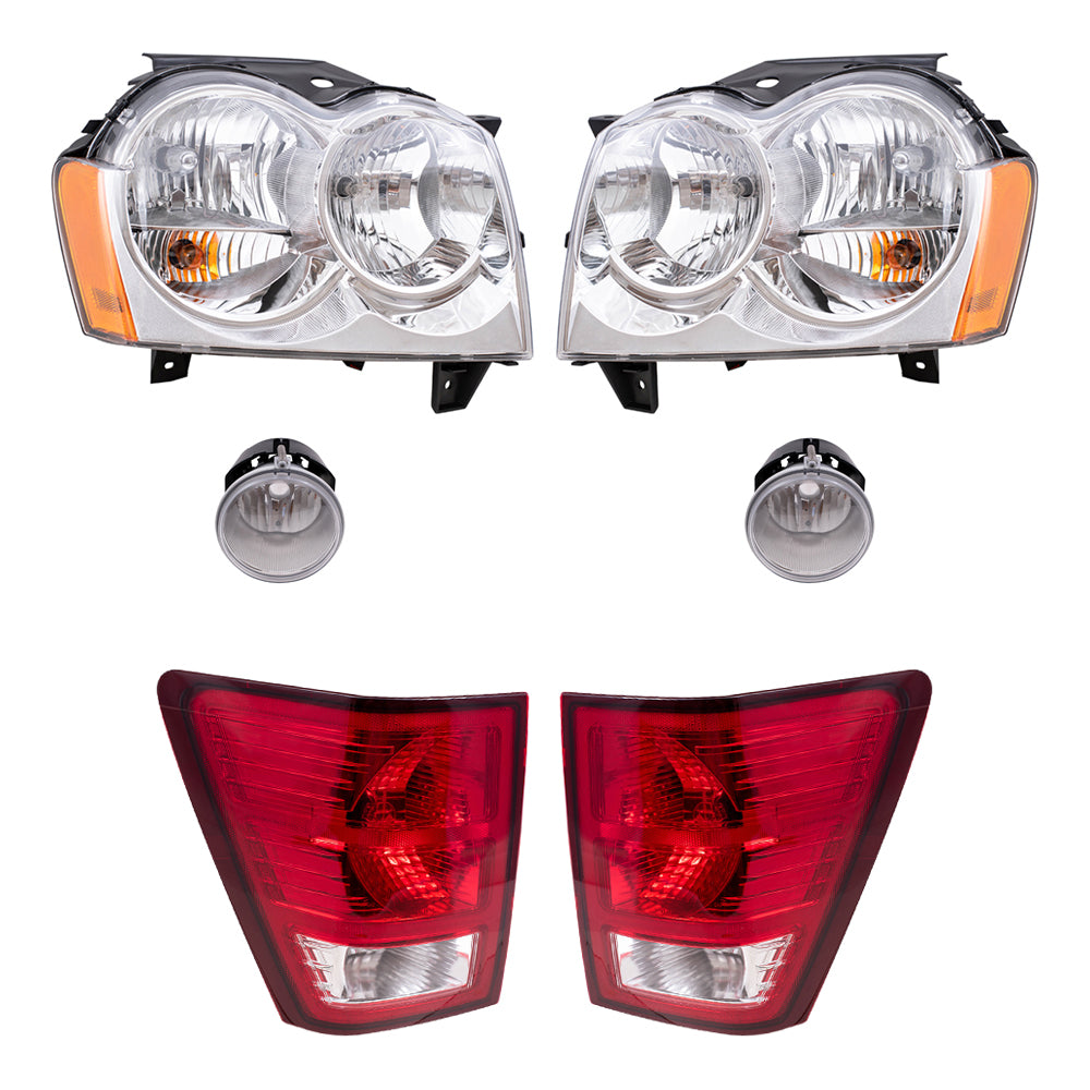 Brock Replacement Driver and Passenger Side Halogen Combination Headlight Assemblies, Fog Light Assemblies and Tail Light Assemblies 6 Piece Set Compatible with 2007 Grand Cherokee