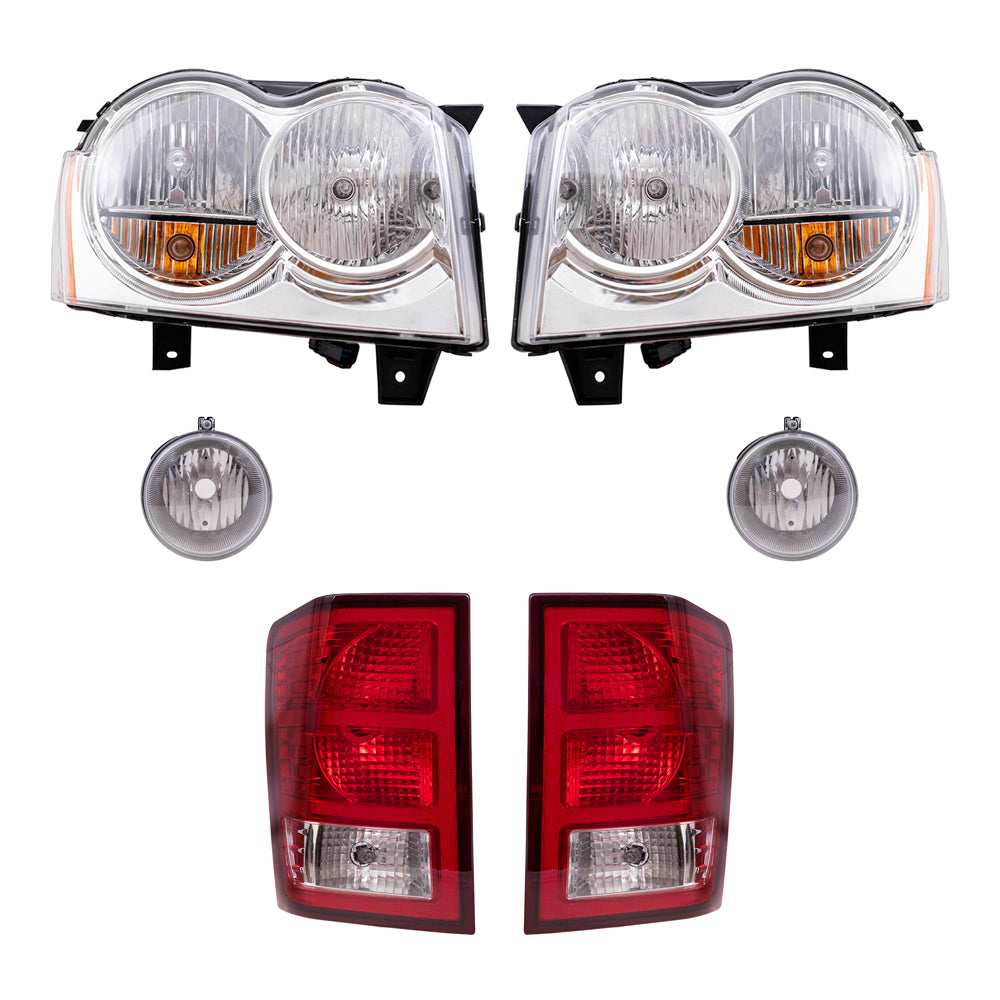 Brock Replacement Driver and Passenger Side Halogen Combination Headlight Assemblies, Fog Light Assemblies and Tail Light Assemblies 6 Piece Set Compatible with 2007 Grand Cherokee