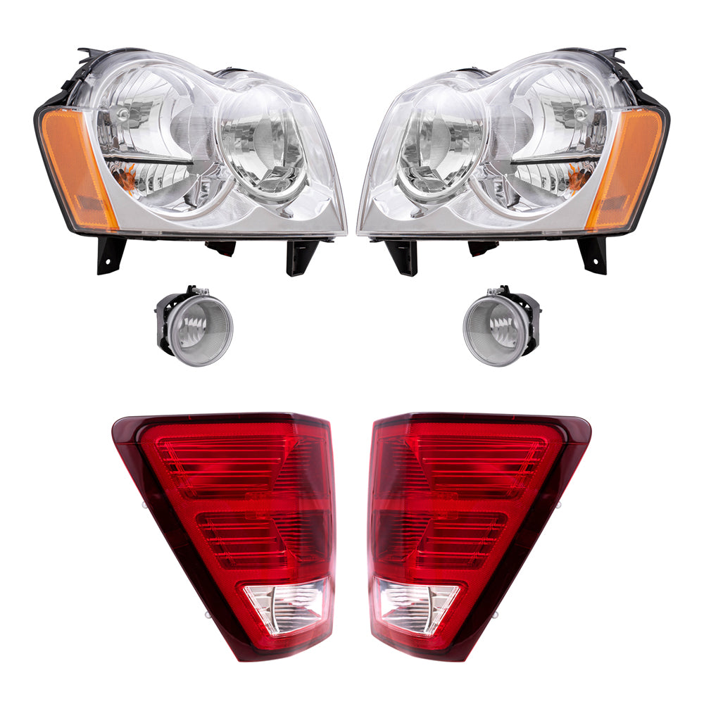 Brock Replacement Driver and Passenger Side Halogen Combination Headlight Assemblies, Fog Light Assemblies and Tail Light Assemblies 6 Piece Set Compatible with 2007 Grand Cherokee