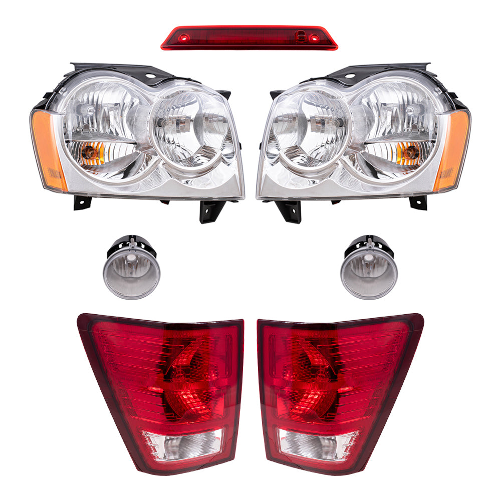 Brock Replacement Driver and Passenger Side Halogen Combination Headlights, Fog Lights & Tail Lights, and 3rd Brake Light 7 Piece Set Compatible with 2007 Grand Cherokee