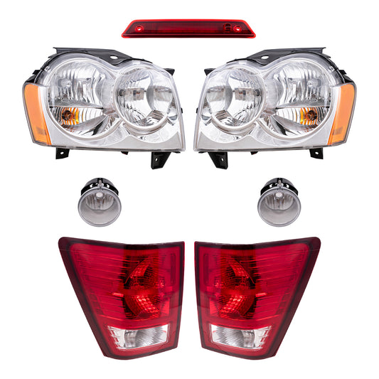Brock Replacement Driver and Passenger Side Halogen Combination Headlights, Fog Lights & Tail Lights, and 3rd Brake Light 7 Piece Set Compatible with 2007 Grand Cherokee