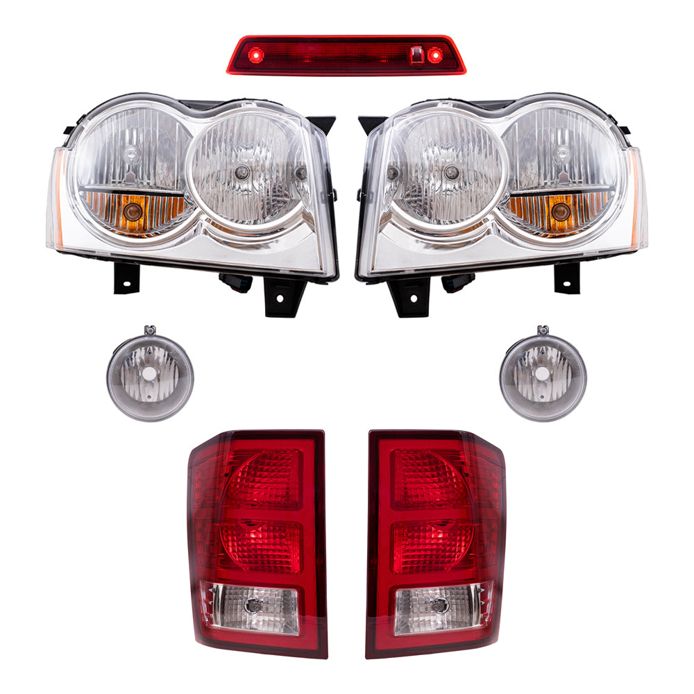 Brock Replacement Driver and Passenger Side Halogen Combination Headlights, Fog Lights & Tail Lights, and 3rd Brake Light 7 Piece Set Compatible with 2007 Grand Cherokee