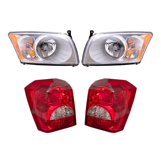 Brock Replacement Driver and Passenger Side Halogen Combination Headlight Assembly and Tail Light Assembly 4 Piece Set Compatible with 2008-2012 Caliber