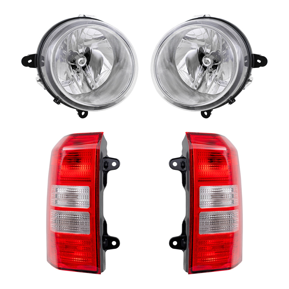 Brock Replacement Halogen Headlight Assemblies without Leveling and Tail Light Assemblies 4 Piece Set Compatible with 2008-2017 Patriot