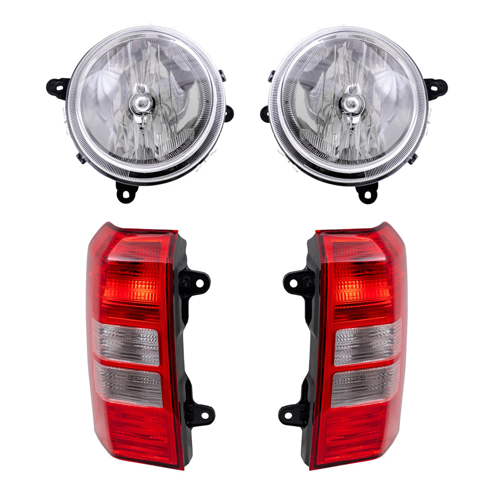 Brock Replacement Halogen Headlight Assemblies without Leveling and Tail Light Assemblies 4 Piece Set Compatible with 2008-2017 Patriot