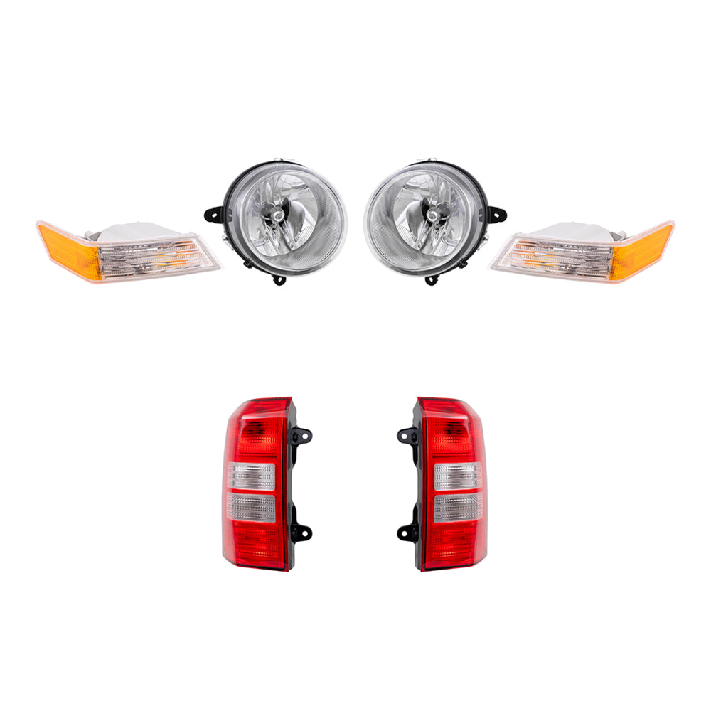 Brock Replacement Halogen Headlight Assemblies without Leveling, Park Signal Marker Lights and Tail Light Assemblies 6 Piece Set Compatible with 2008-2017 Patriot