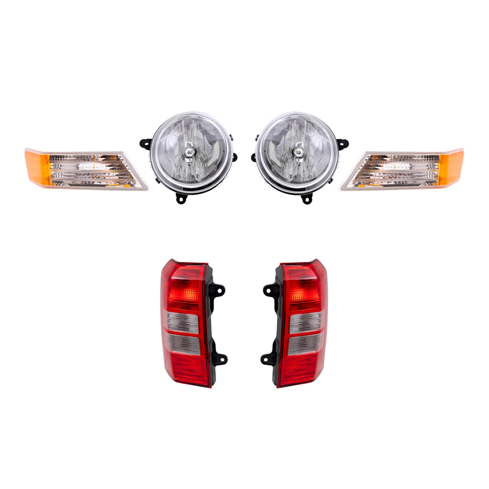 Brock Replacement Halogen Headlight Assemblies without Leveling, Park Signal Marker Lights and Tail Light Assemblies 6 Piece Set Compatible with 2008-2017 Patriot