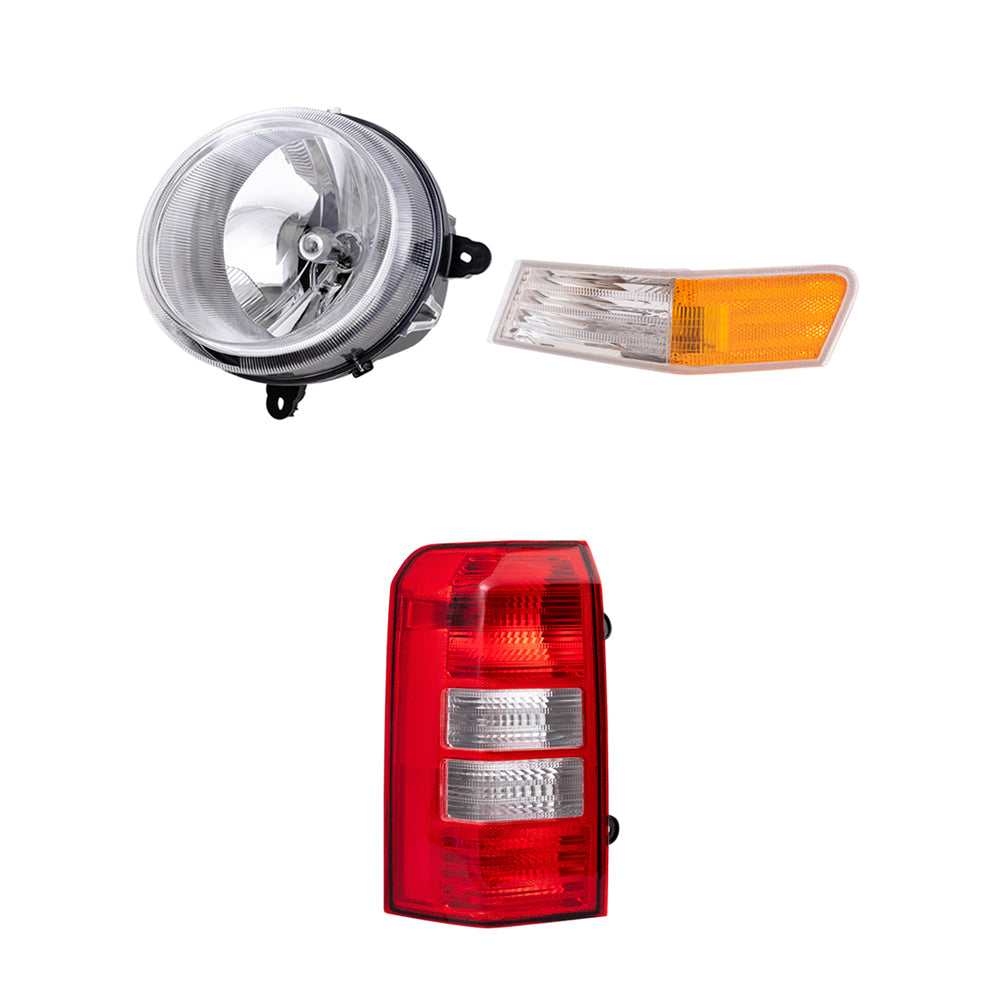 Brock Replacement Halogen Headlight Assemblies without Leveling, Park Signal Marker Lights and Tail Light Assemblies 6 Piece Set Compatible with 2008-2017 Patriot