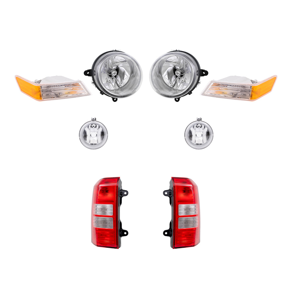 Brock Replacement Halogen Headlight Assemblies without Leveling, Park Signal Marker Lights, Fog Lights and Tail Light Assemblies 8 Piece Set Compatible with 2010 Patriot