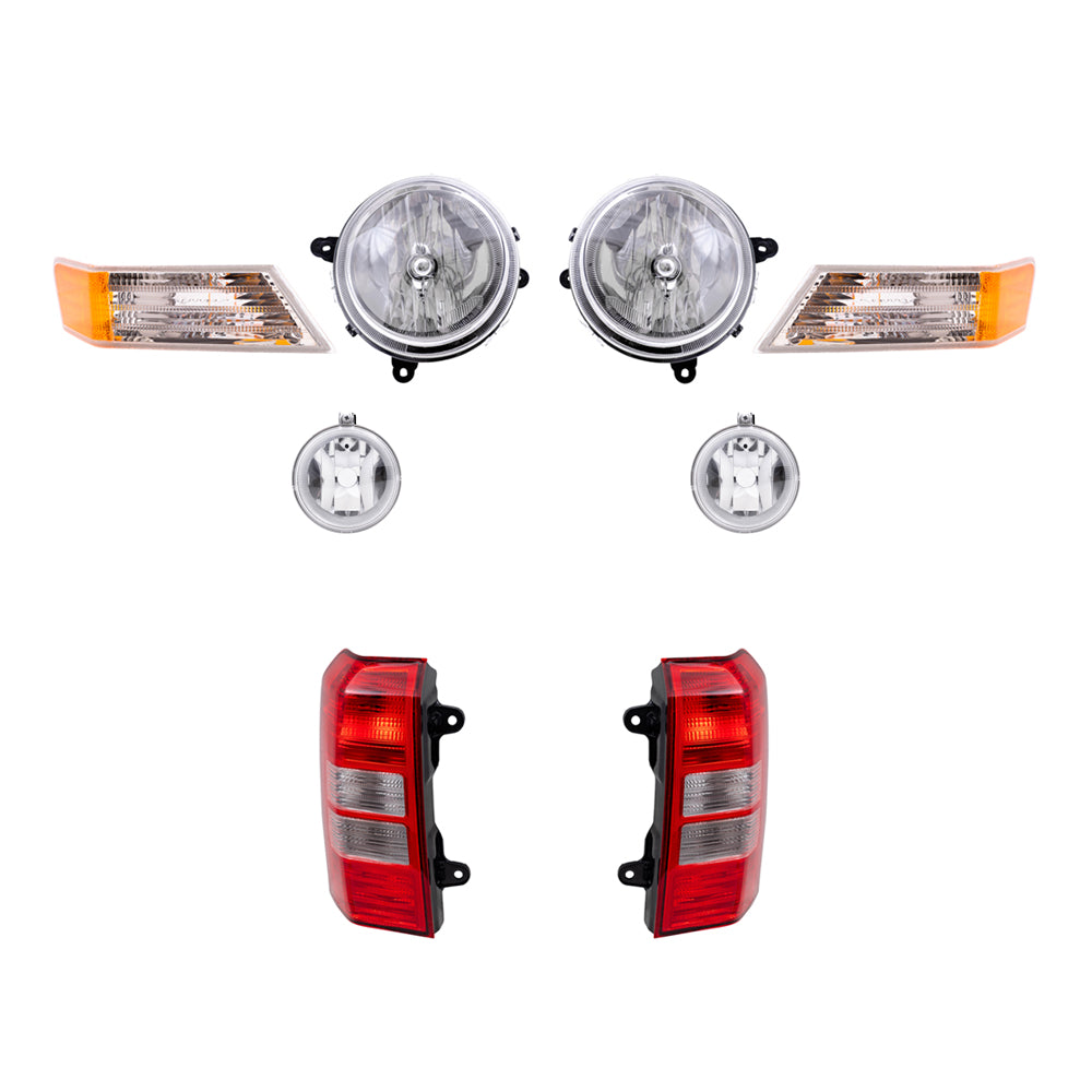 Brock Replacement Halogen Headlight Assemblies without Leveling, Park Signal Marker Lights, Fog Lights and Tail Light Assemblies 8 Piece Set Compatible with 2010 Patriot