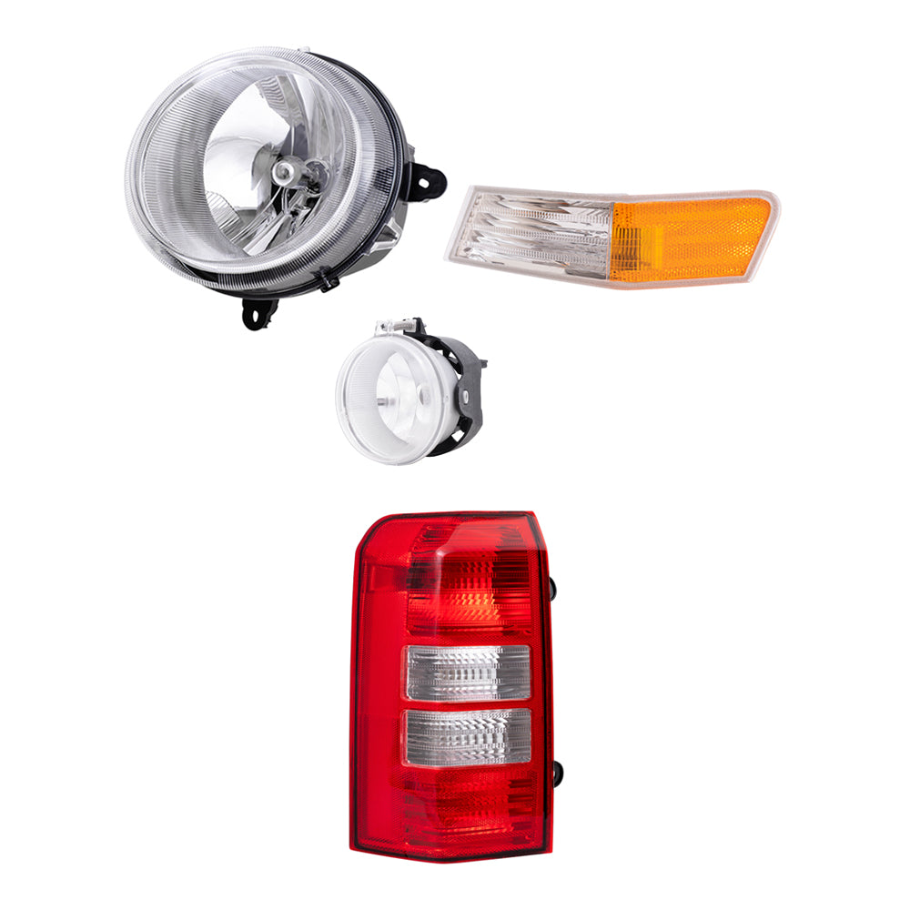 Brock Replacement Halogen Headlight Assemblies without Leveling, Park Signal Marker Lights, Fog Lights and Tail Light Assemblies 8 Piece Set Compatible with 2010 Patriot