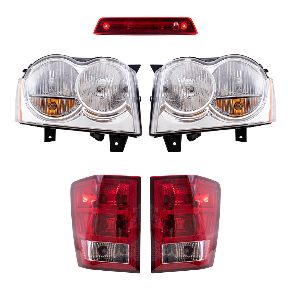 Brock Replacement Driver and Passenger Side Halogen Combination Headlight Assemblies & Tail Light Assemblies, and 3rd Brake Light 5 Piece Set Compatible with 2005-2006 Jeep Grand Cherokee